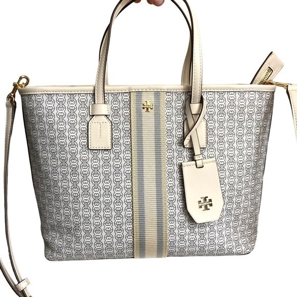 Tory Burch Blue and White Geometric Tote - Picture 1 of 8